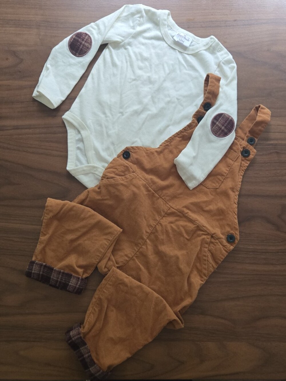 Boutique Toddler Overalls Set Plaid Elbow Patch Rust Fall 18M